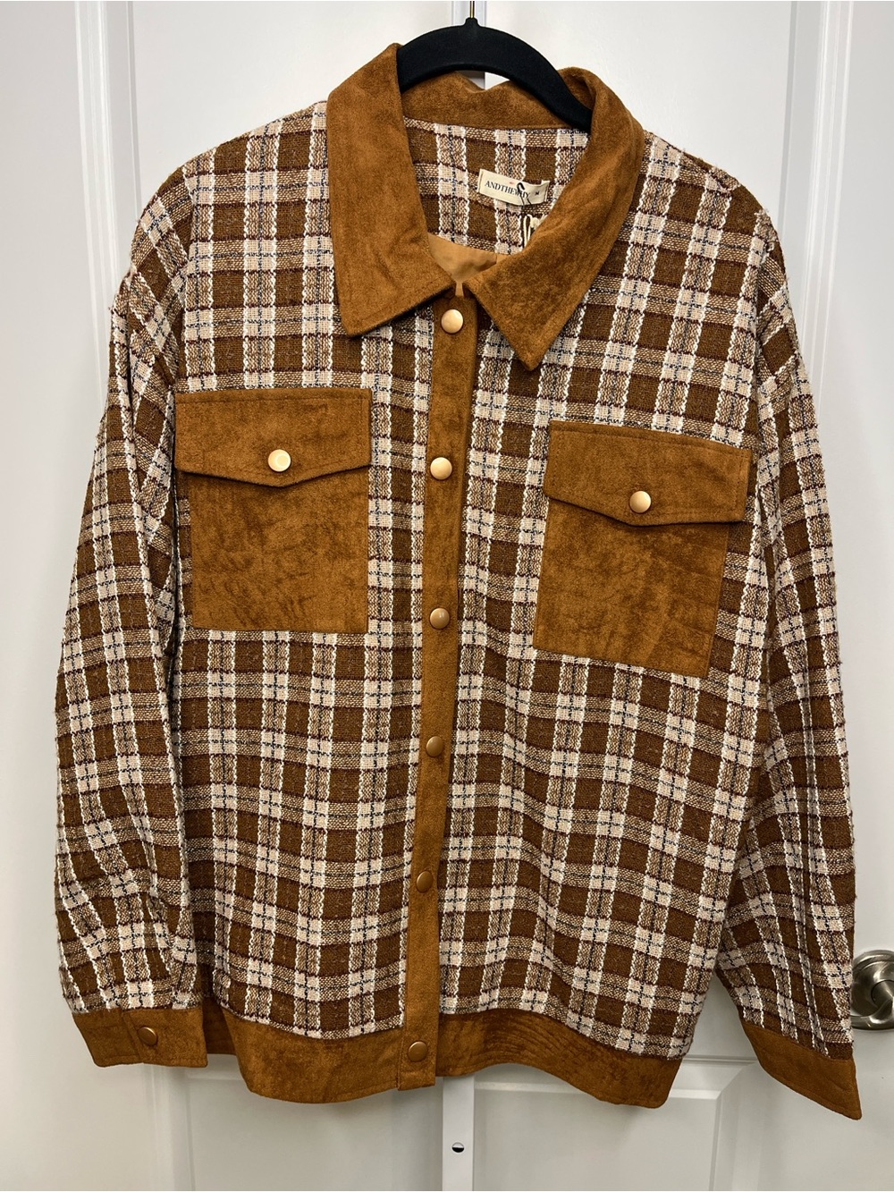 Brown Plaid Shacket with Faux Suede Trim by Andyhewhy Women’s Medium